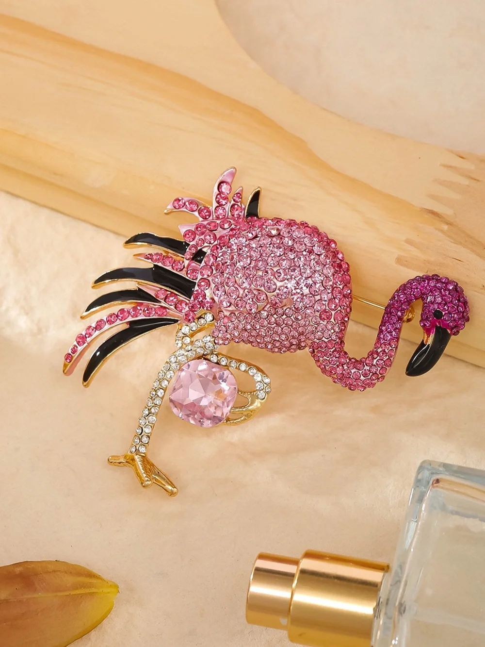 Pink Flamingo Brooch Pin – Rhinestone Crystal Tropical Bird Statement Jewelryy